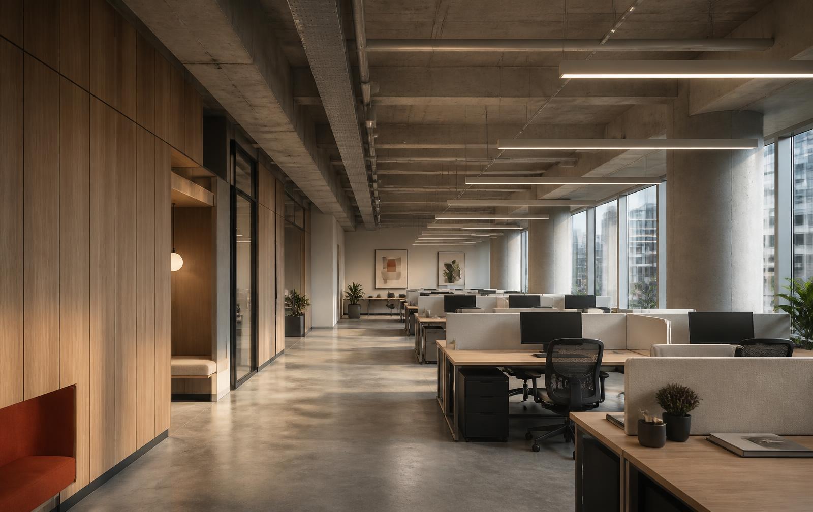 Ambiente corporativo com estações de trabalho ergonômicas